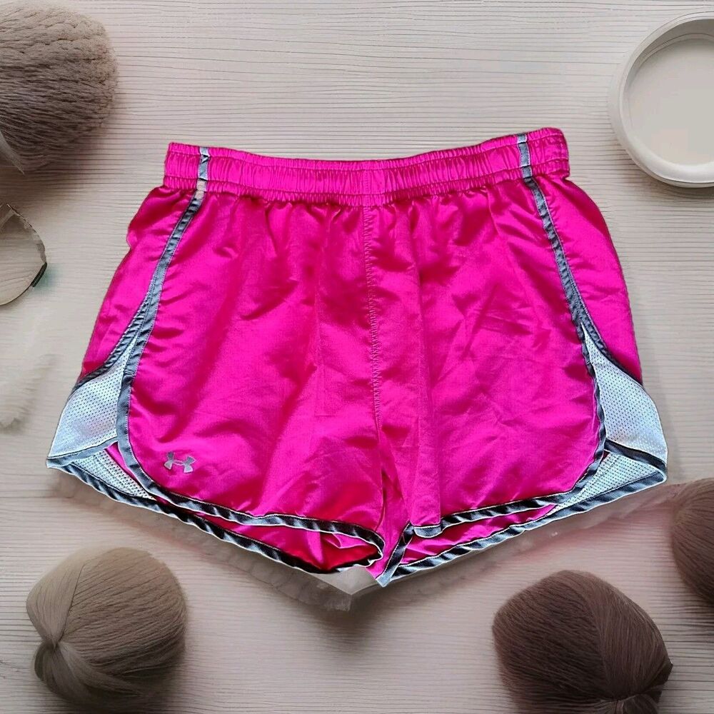 Under Armour Women's Heat Gear Lined Running Shorts Neon Pink/Gray Sz S/M